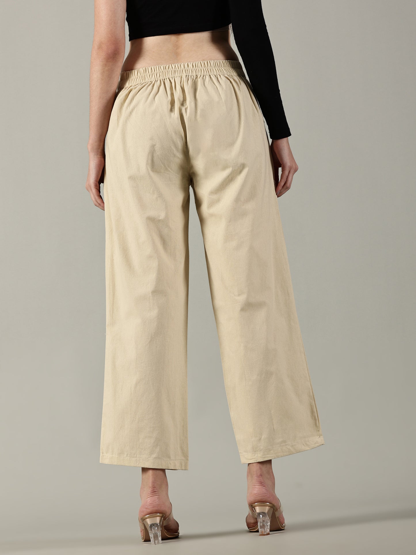 Beige Cotton Wide-Leg Pants