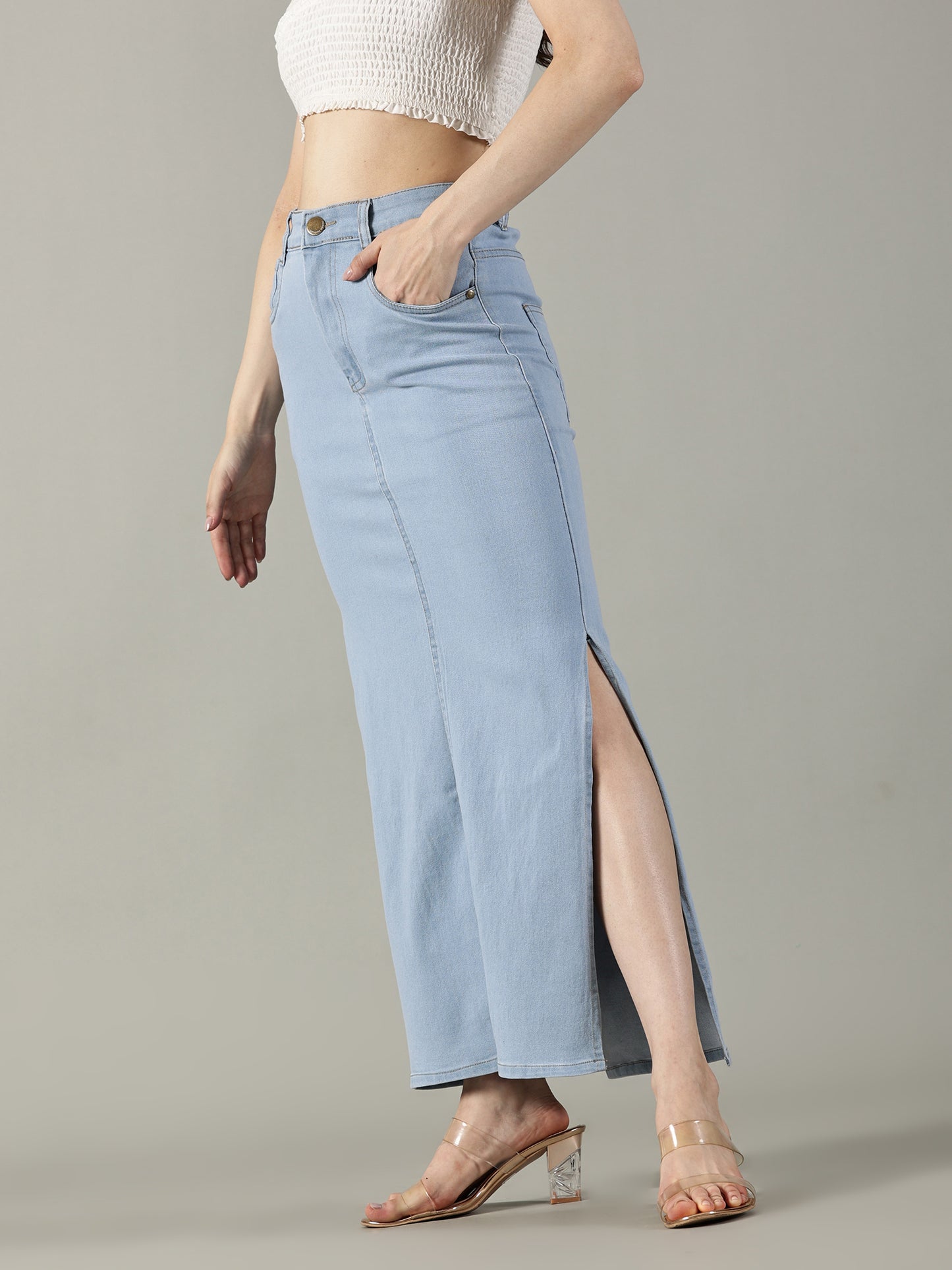 Sky Blue Denim Midi Skirt