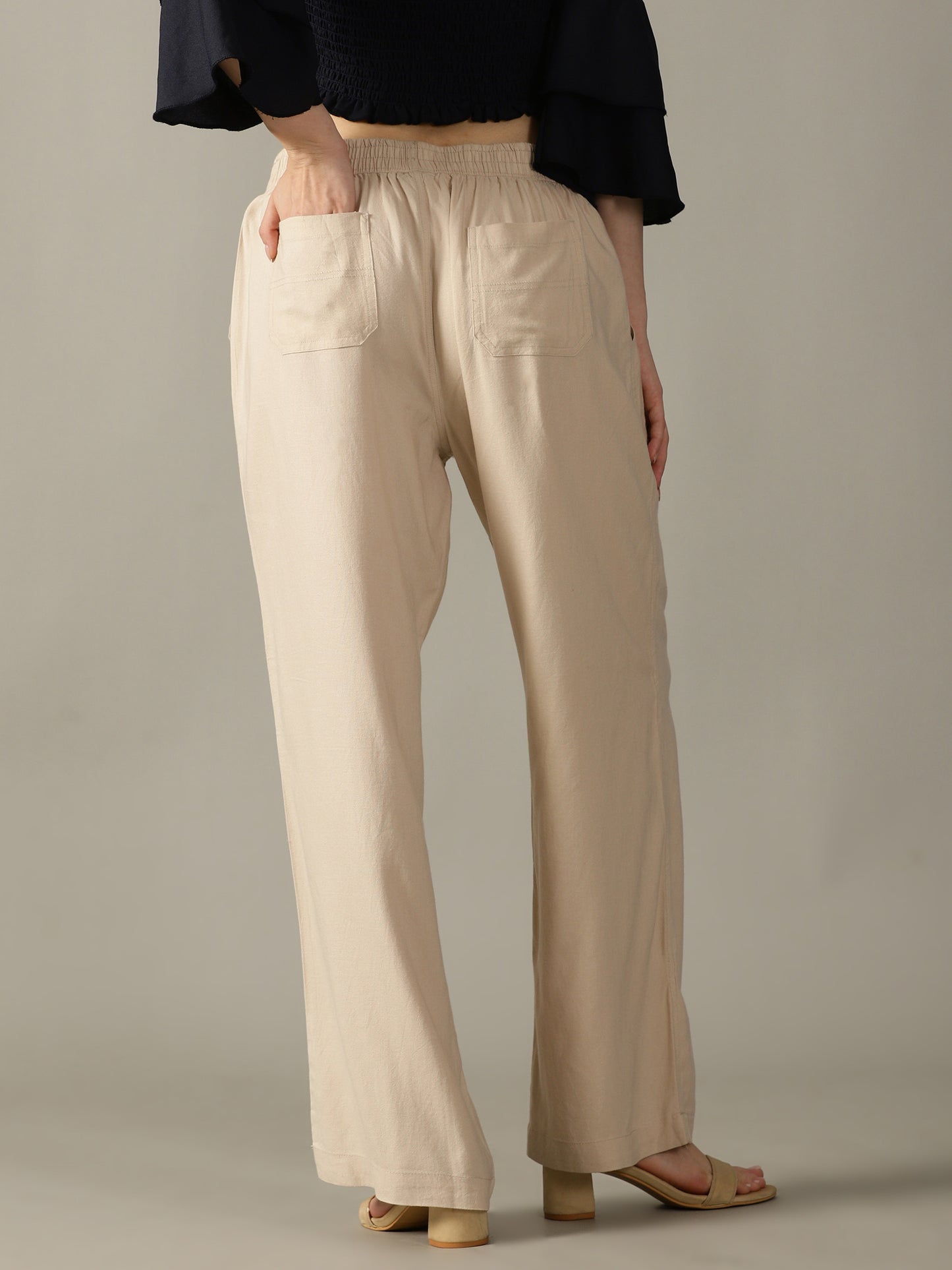 Light Beige Wide Leg Linen Trousers