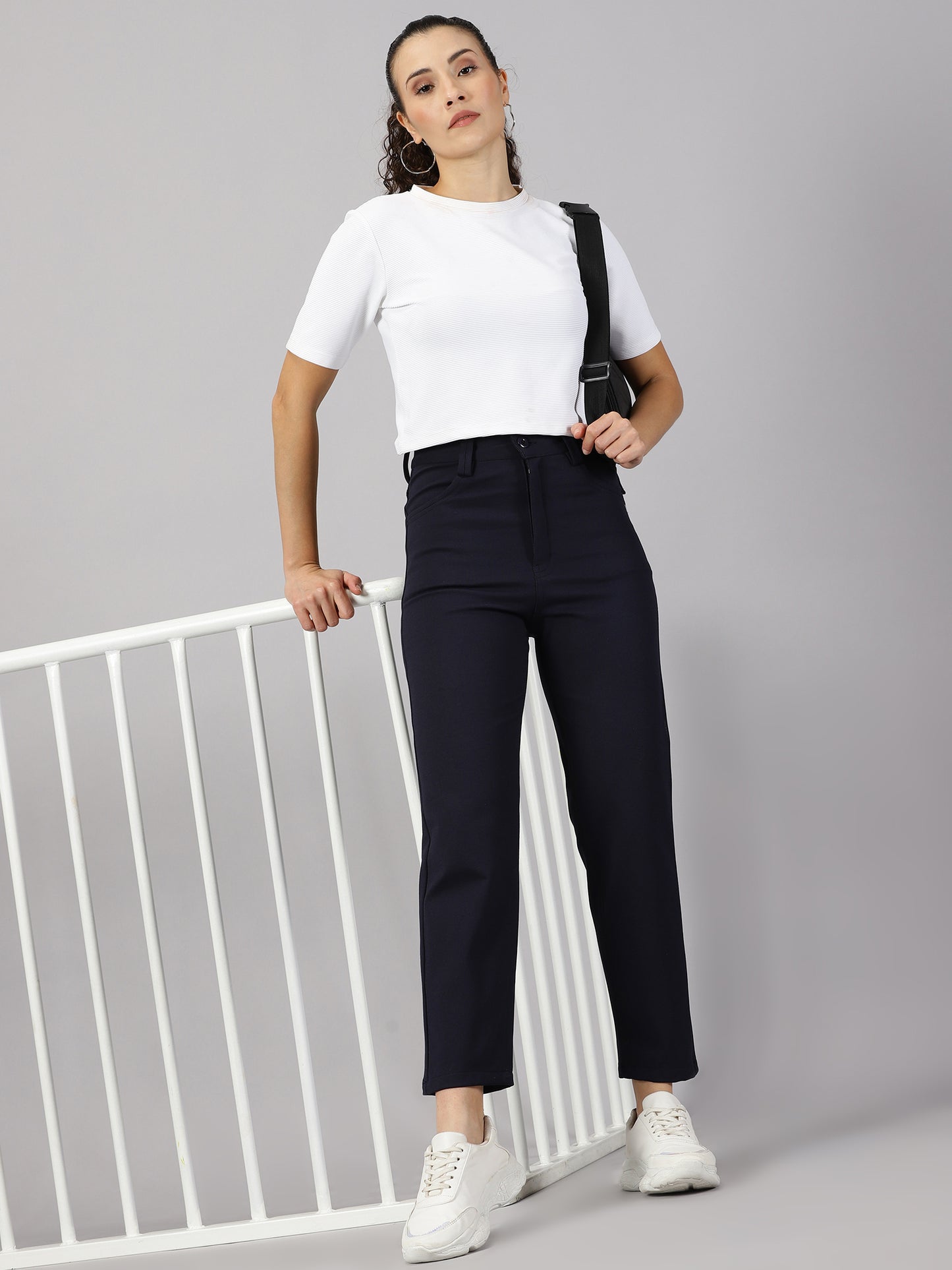 Navy solid four pocket stretchable trousers