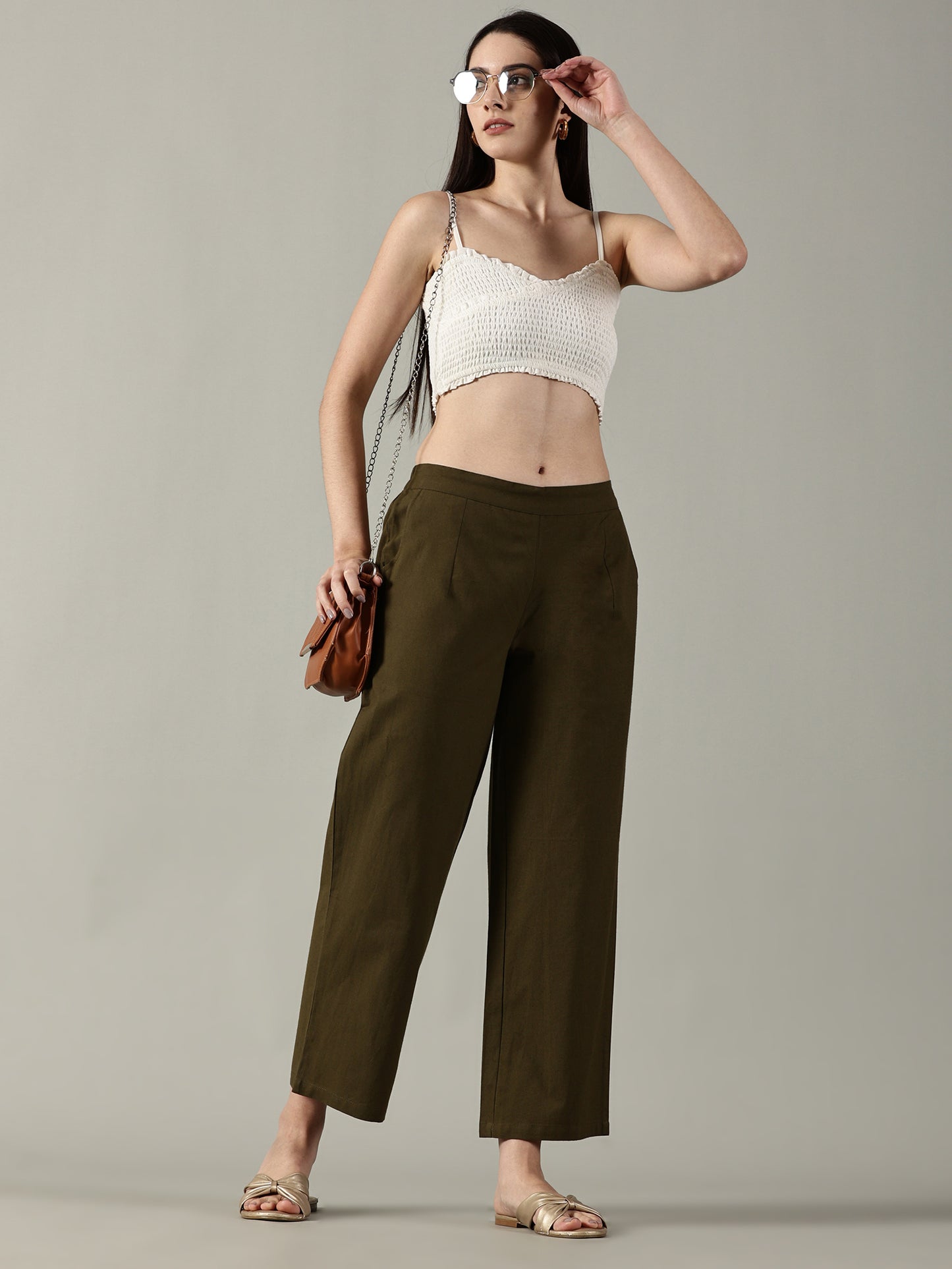 Olive Cotton Wide-Leg Pants