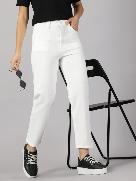 White solid four pocket stretchable trousers