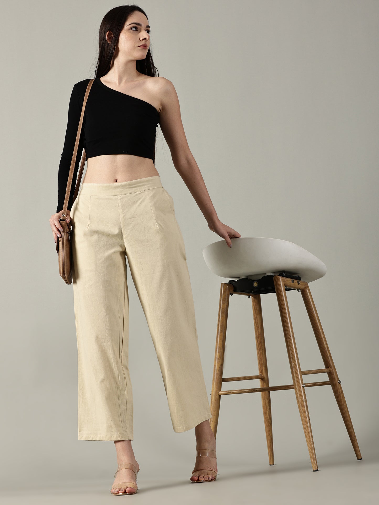 Beige Cotton Wide-Leg Pants