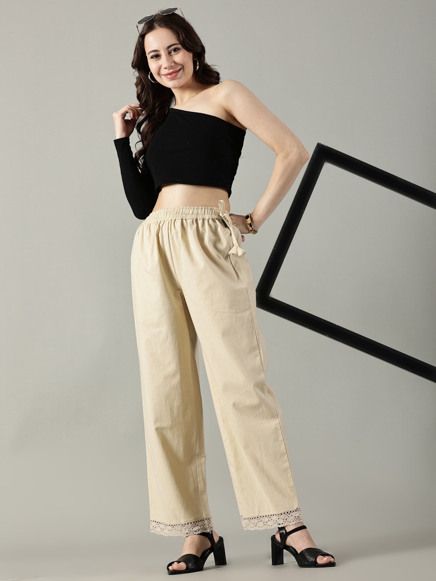 Beige White Cotton Crochet Palazzo