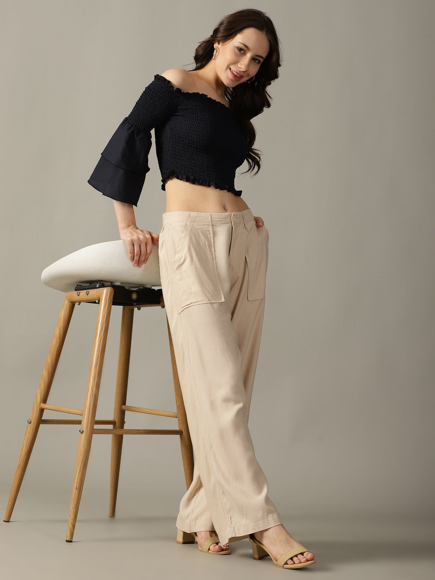 Light Beige Wide Leg Linen Trousers