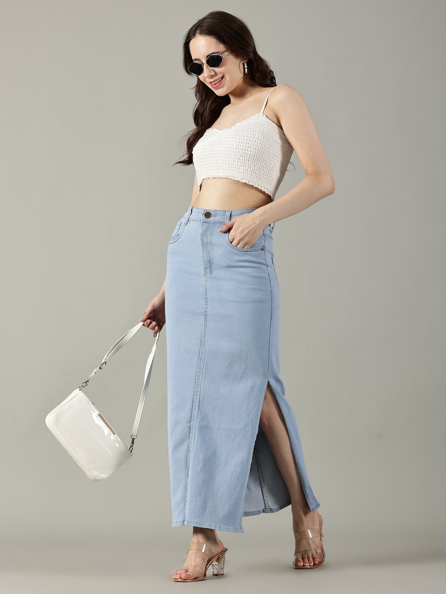 Sky Blue Denim Midi Skirt