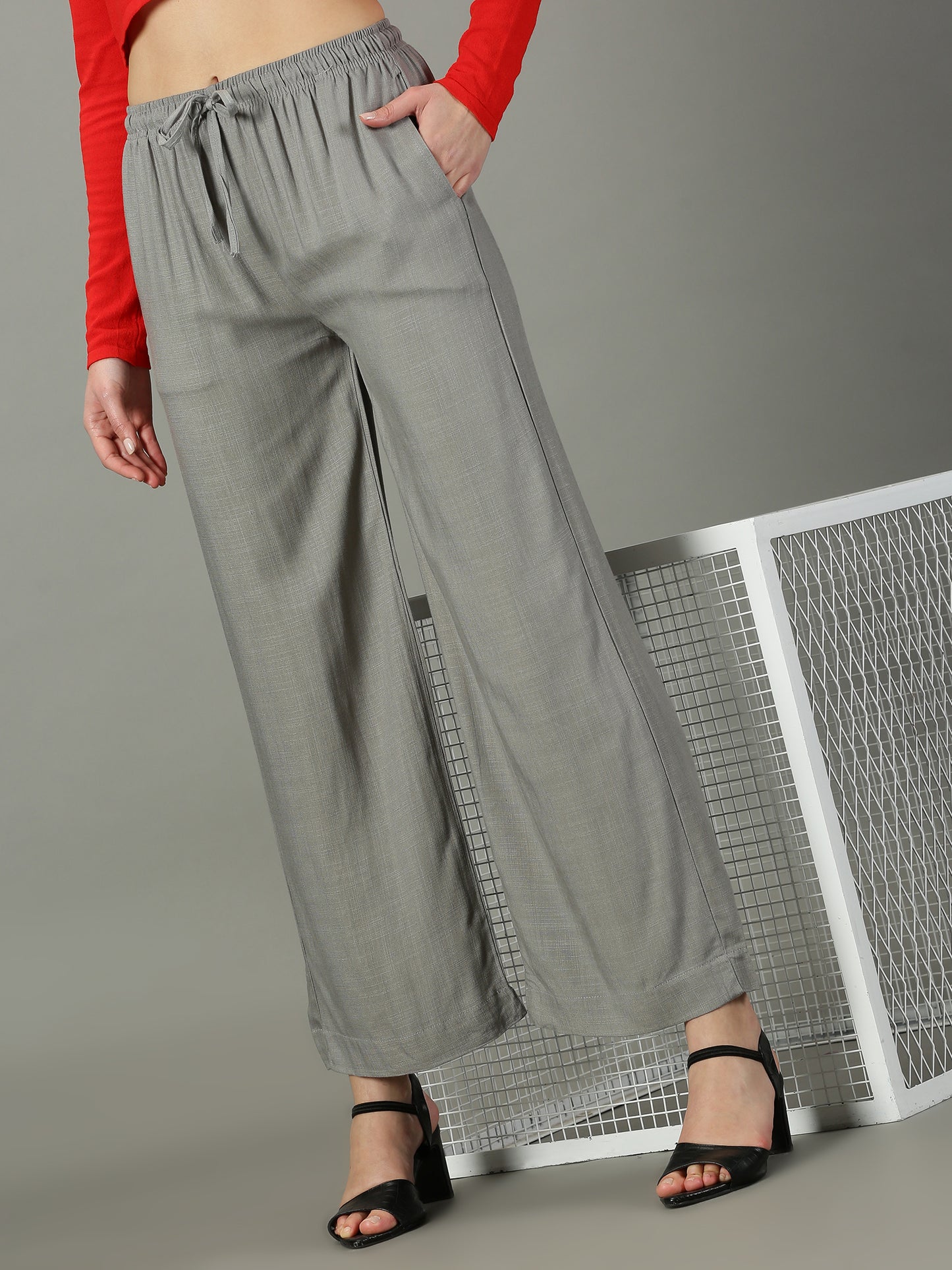 Light Grey Solid Slub Palazzos