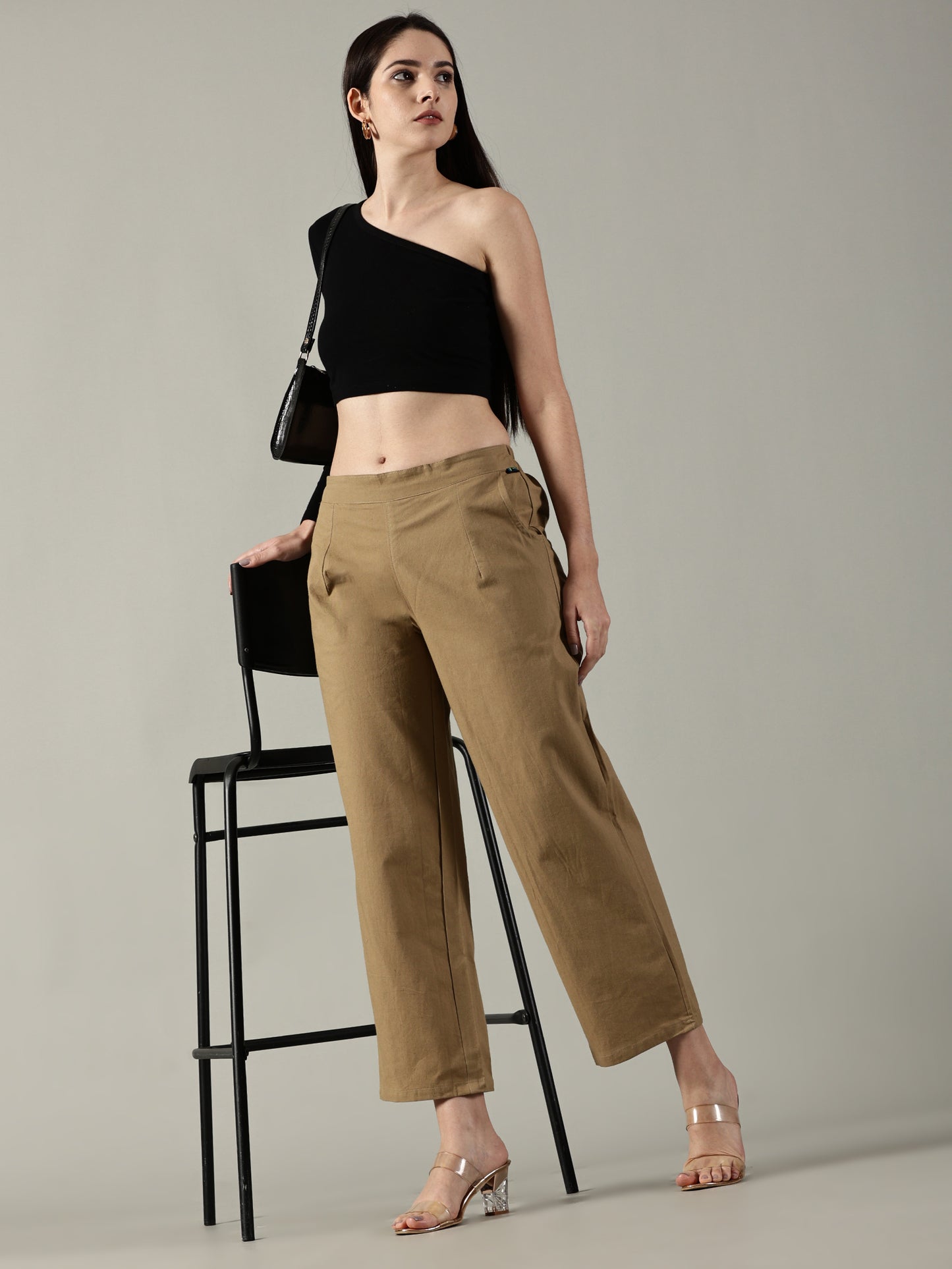 Light Brown Cotton Wide-Leg Pants