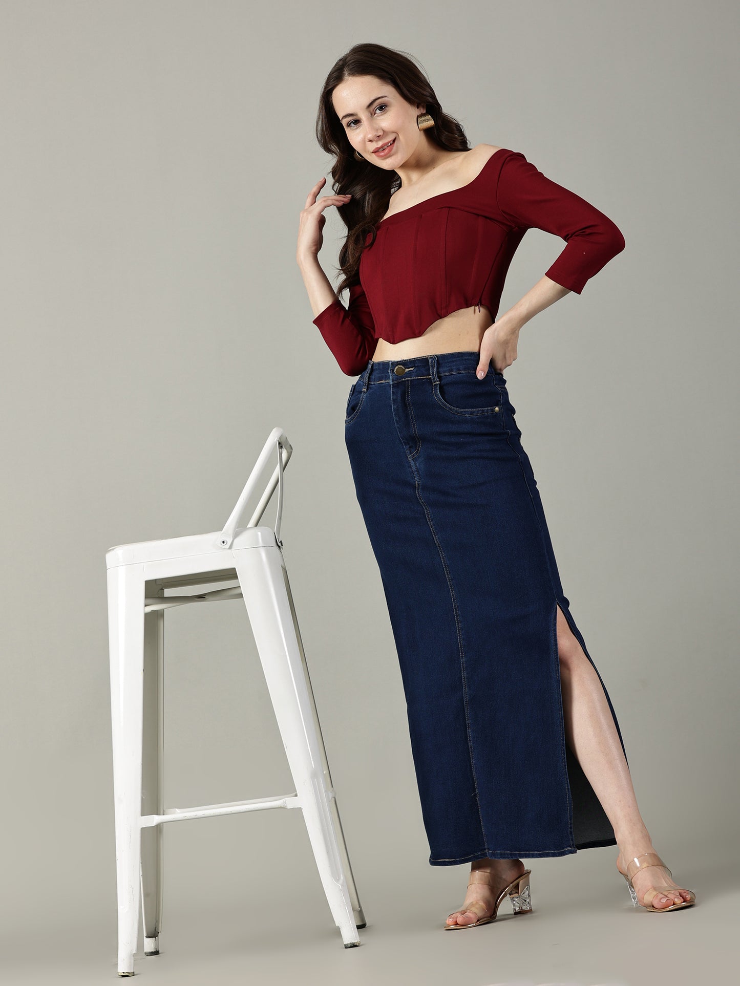 Navy Blue Denim Midi Skirt