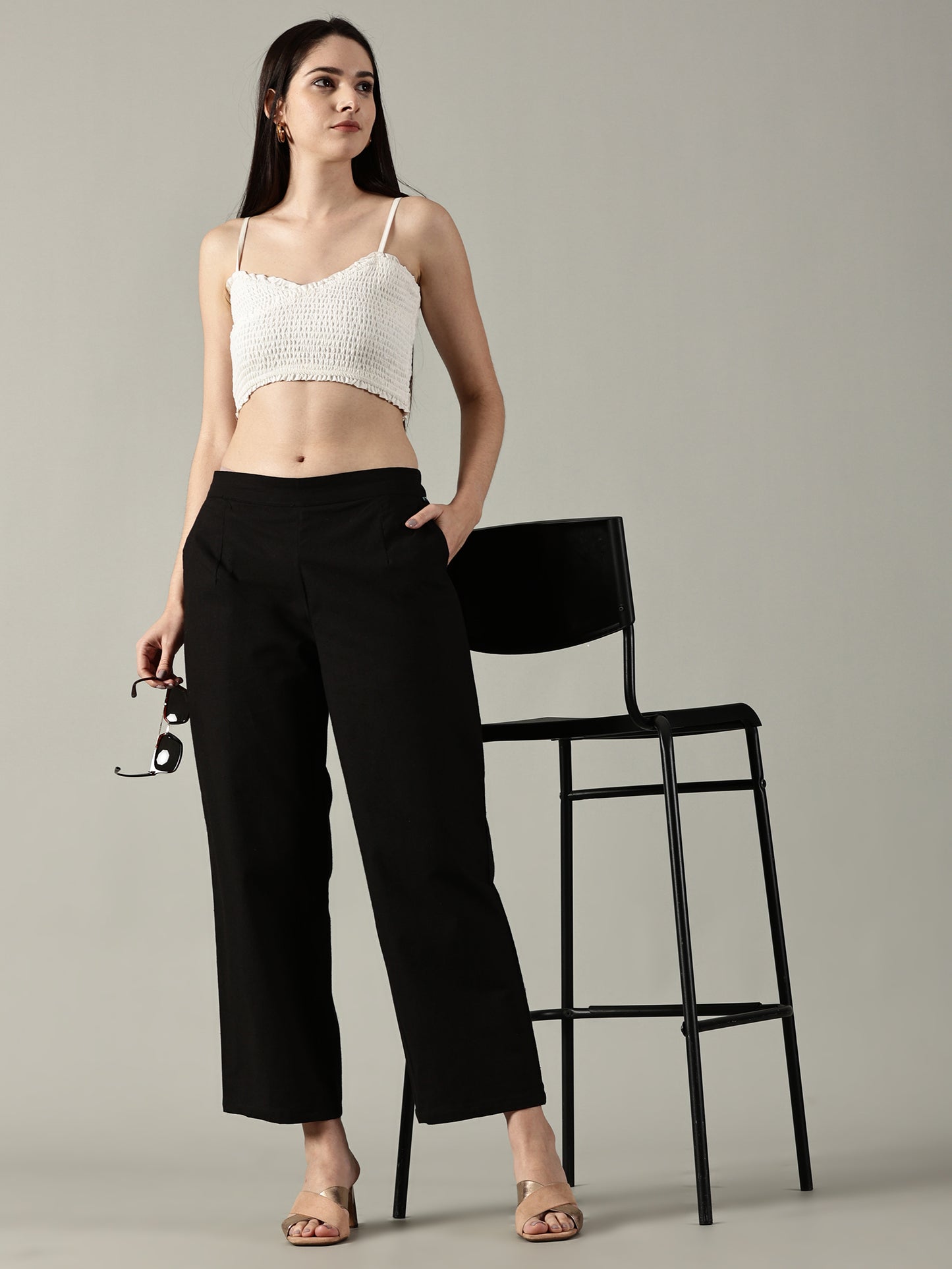 Black Cotton Wide-Leg Pants
