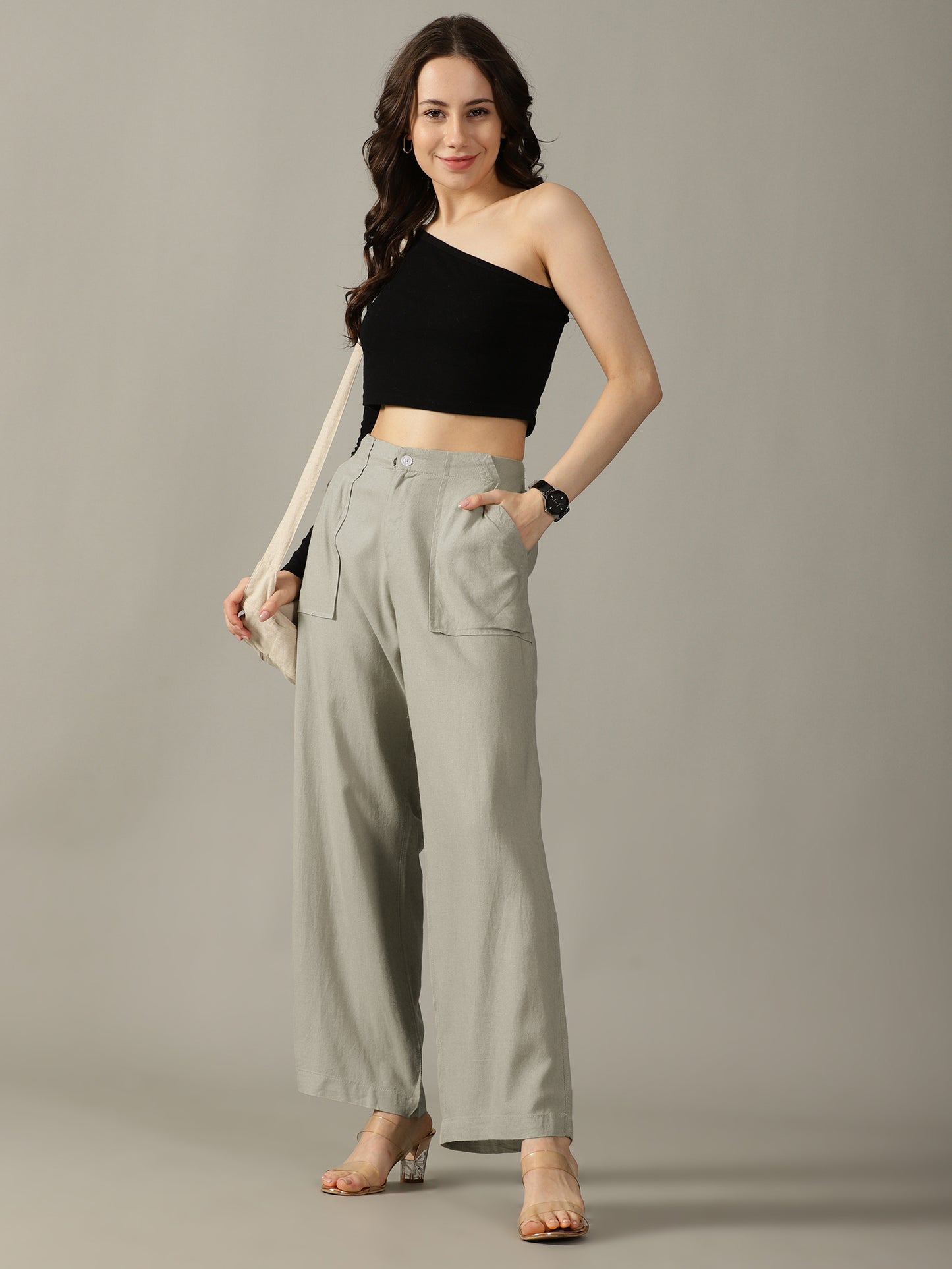 Tea Green Wide Leg Linen Trousers