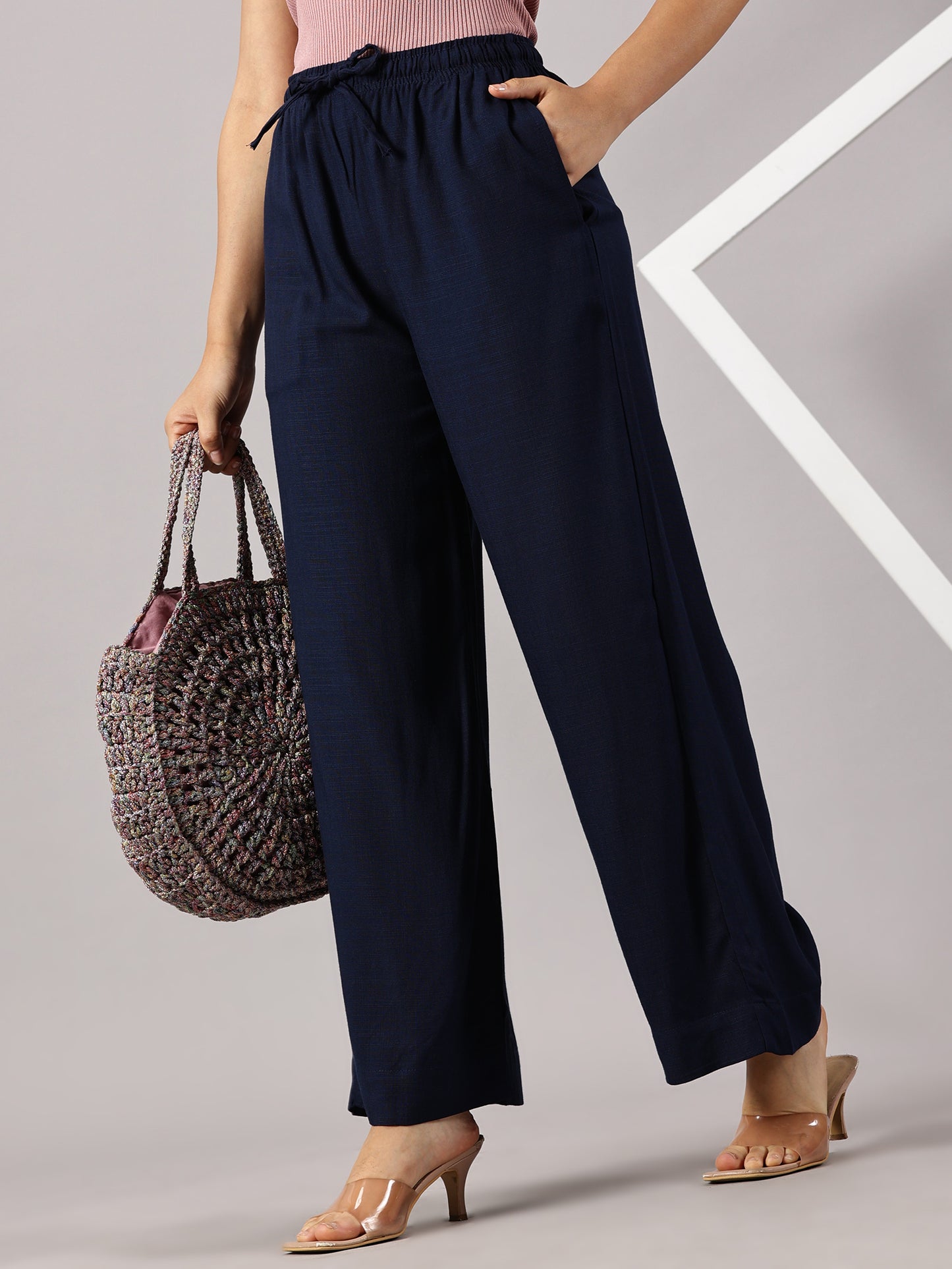 Navy Solid Slub Palazzos