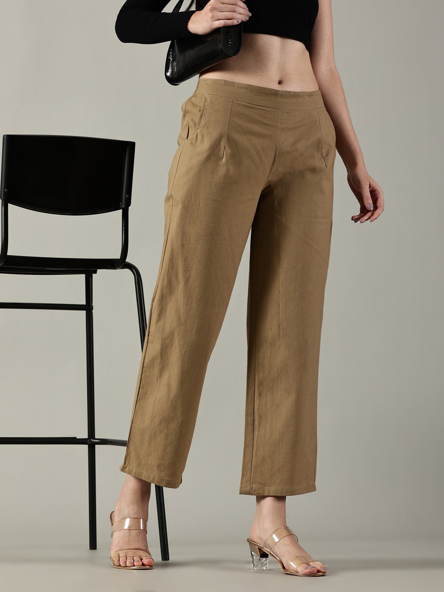 Light Brown Cotton Wide-Leg Pants