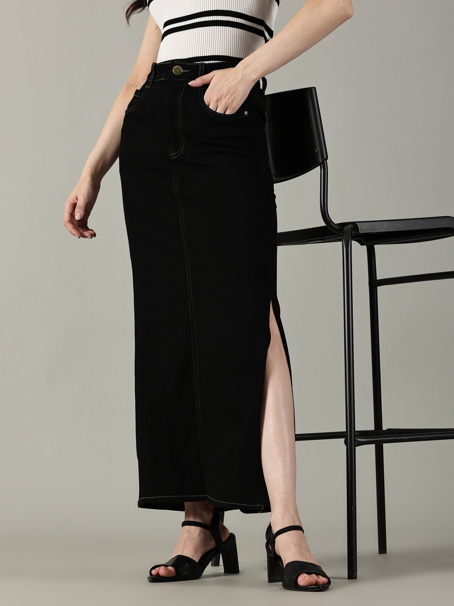 Black Denim Midi Skirt