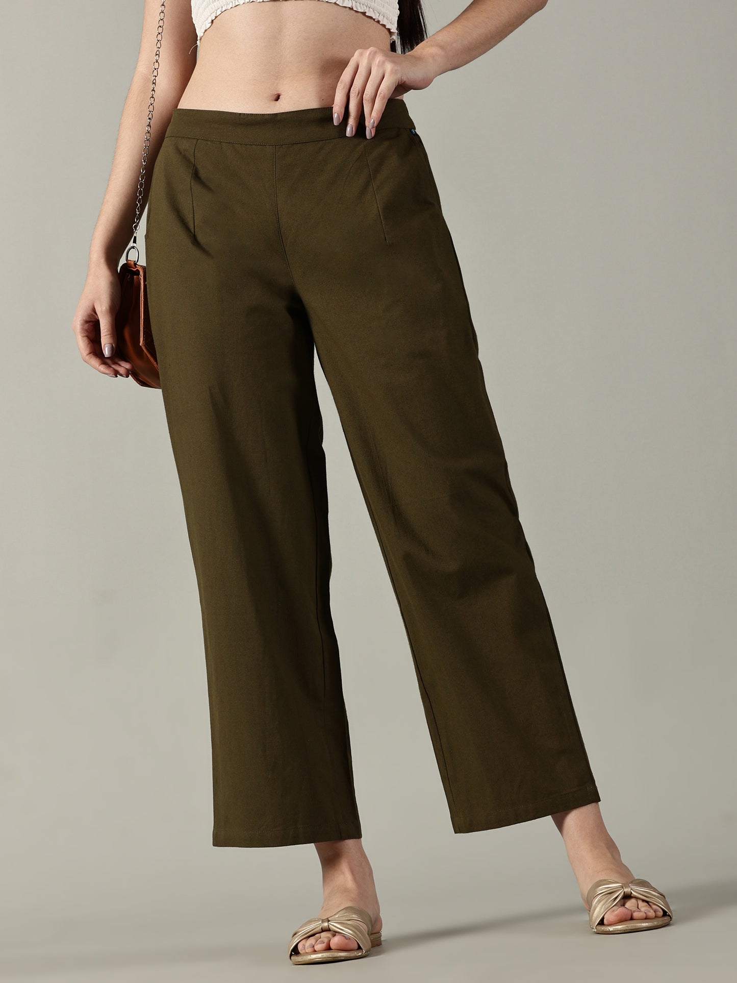 Olive Cotton Wide-Leg Pants