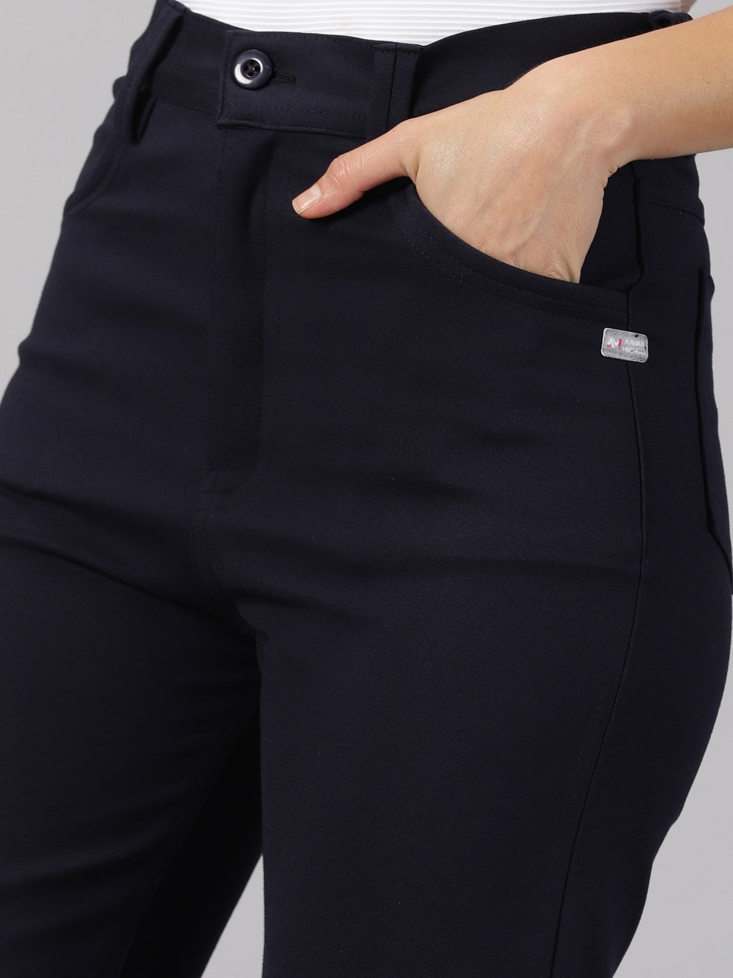 Navy solid four pocket stretchable trousers