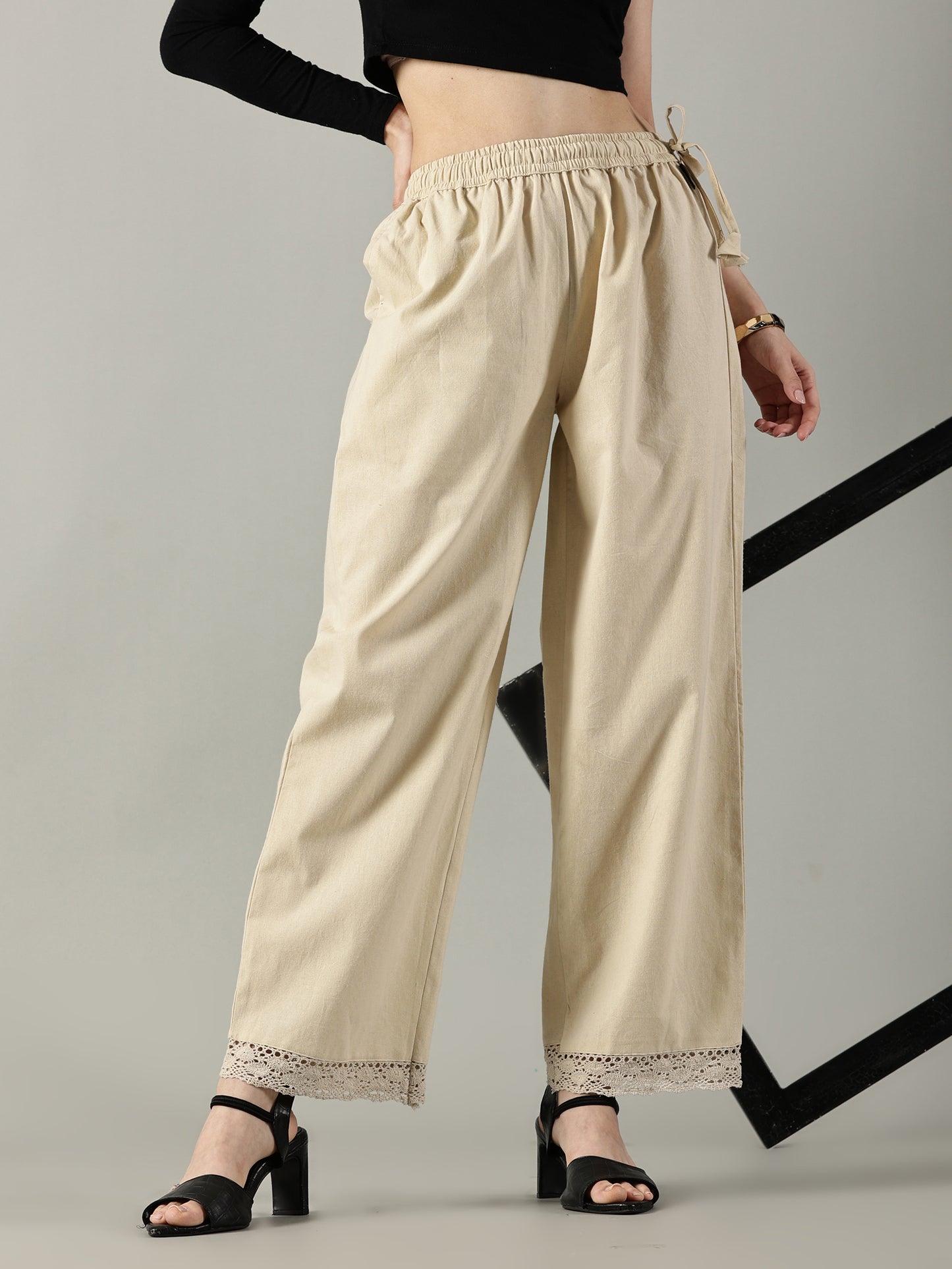 Beige White Cotton Crochet Palazzo