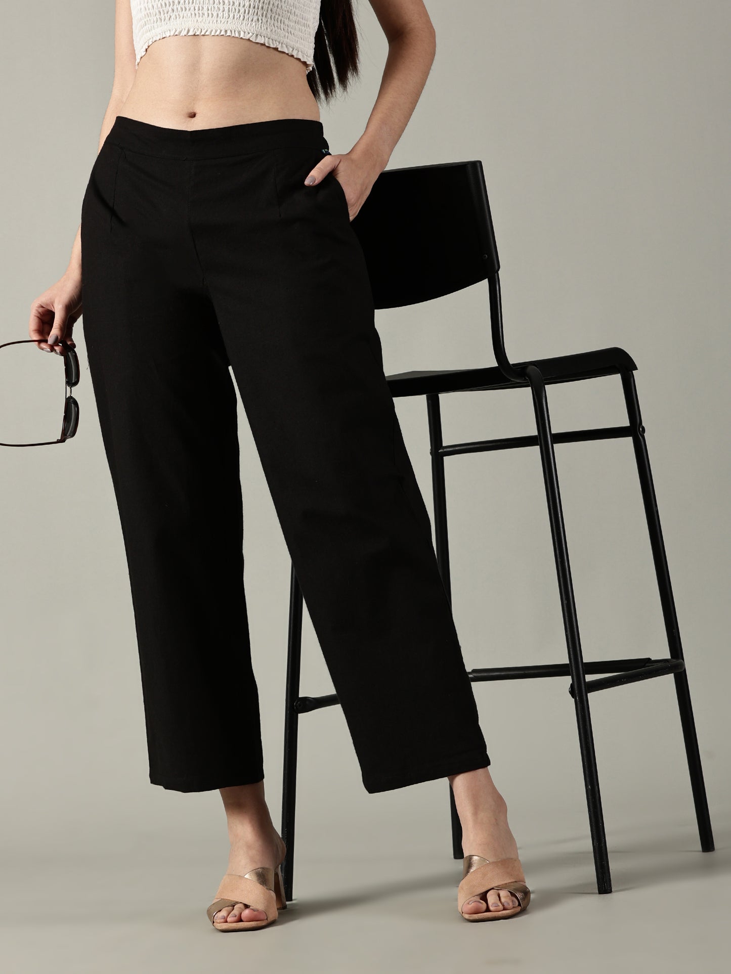Black Cotton Wide-Leg Pants