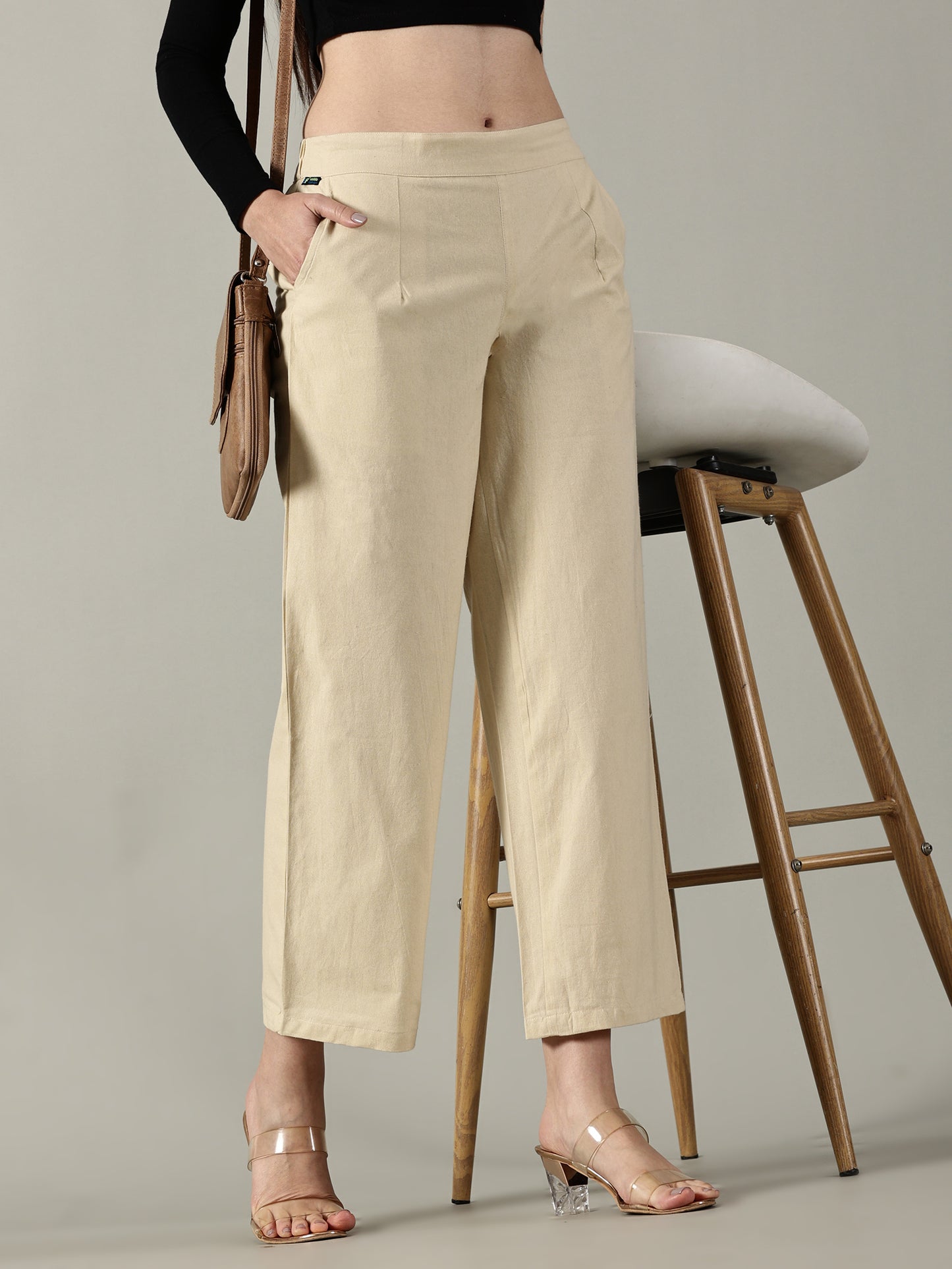 Beige Cotton Wide-Leg Pants