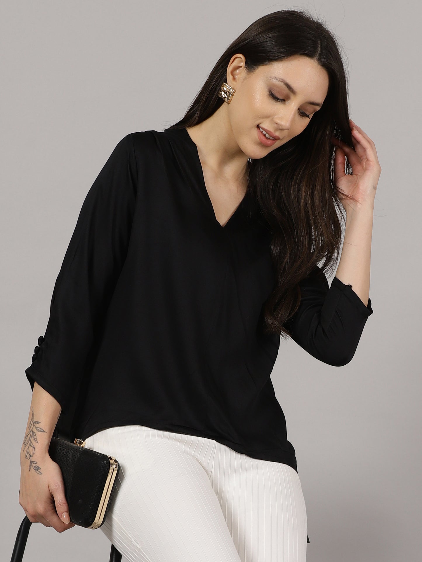 Black V-Neck Viscose Top