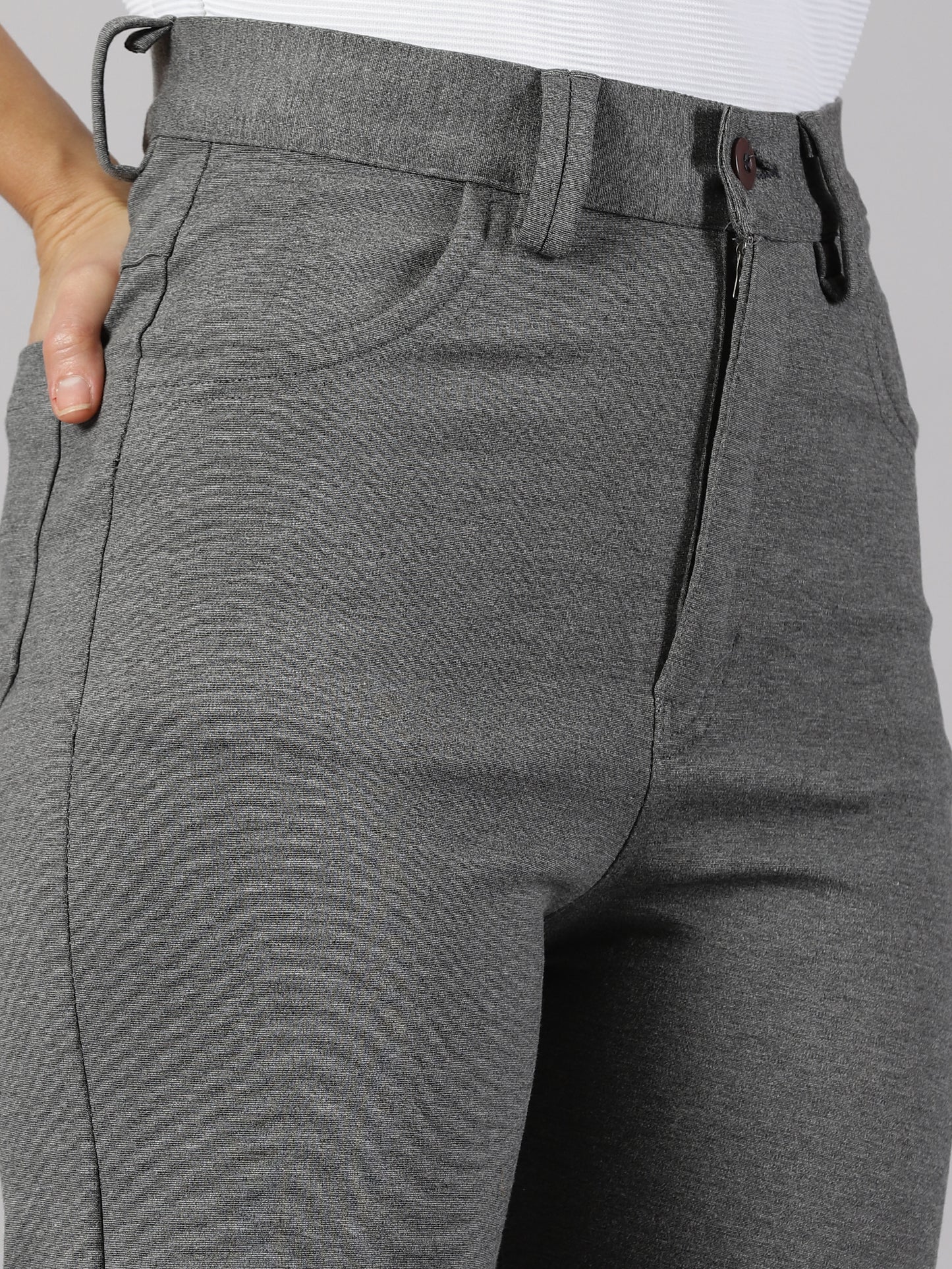 Textured grey solid four pocket stretchable trousers
