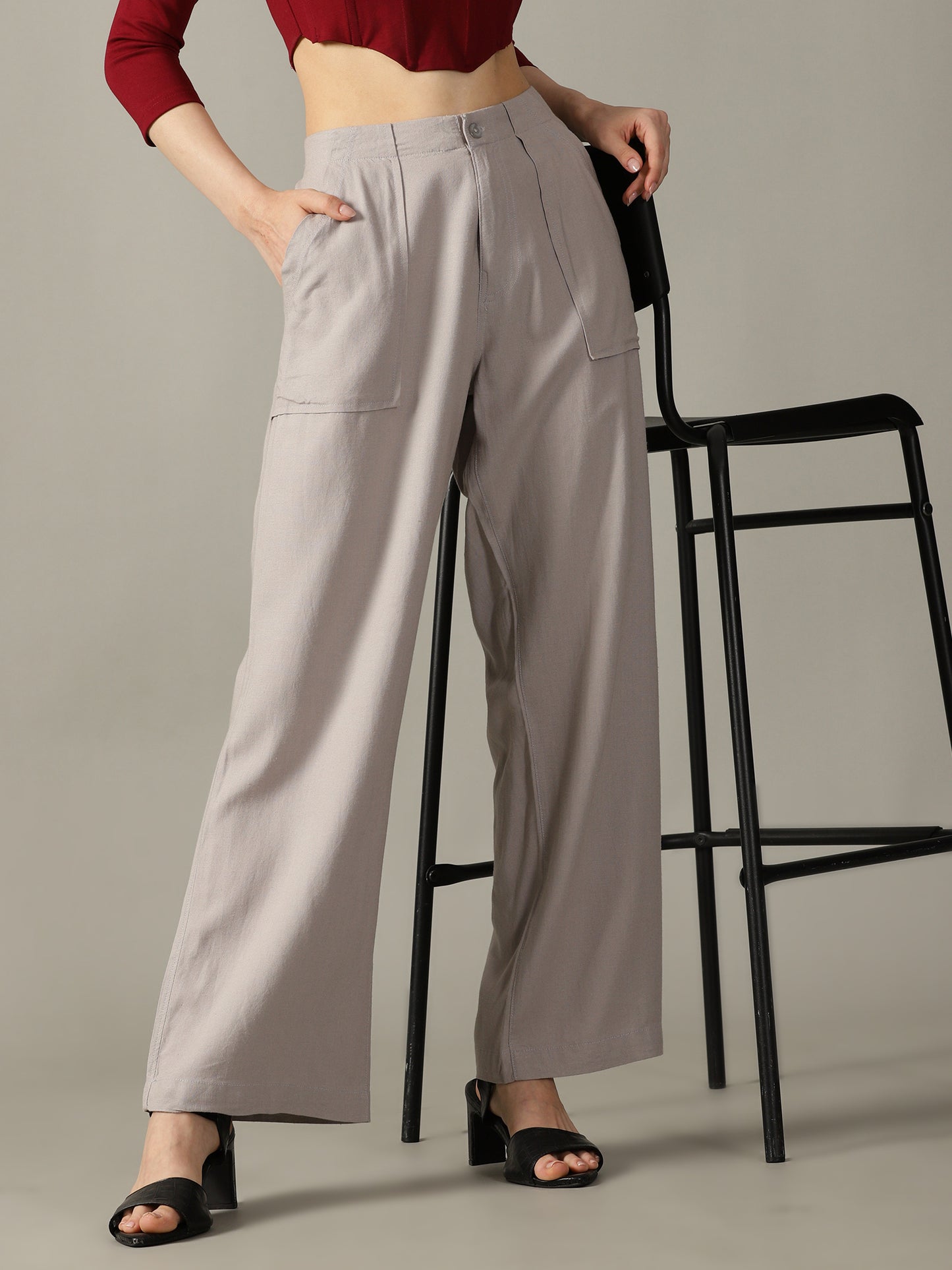Light Grey Wide Leg Linen Trousers