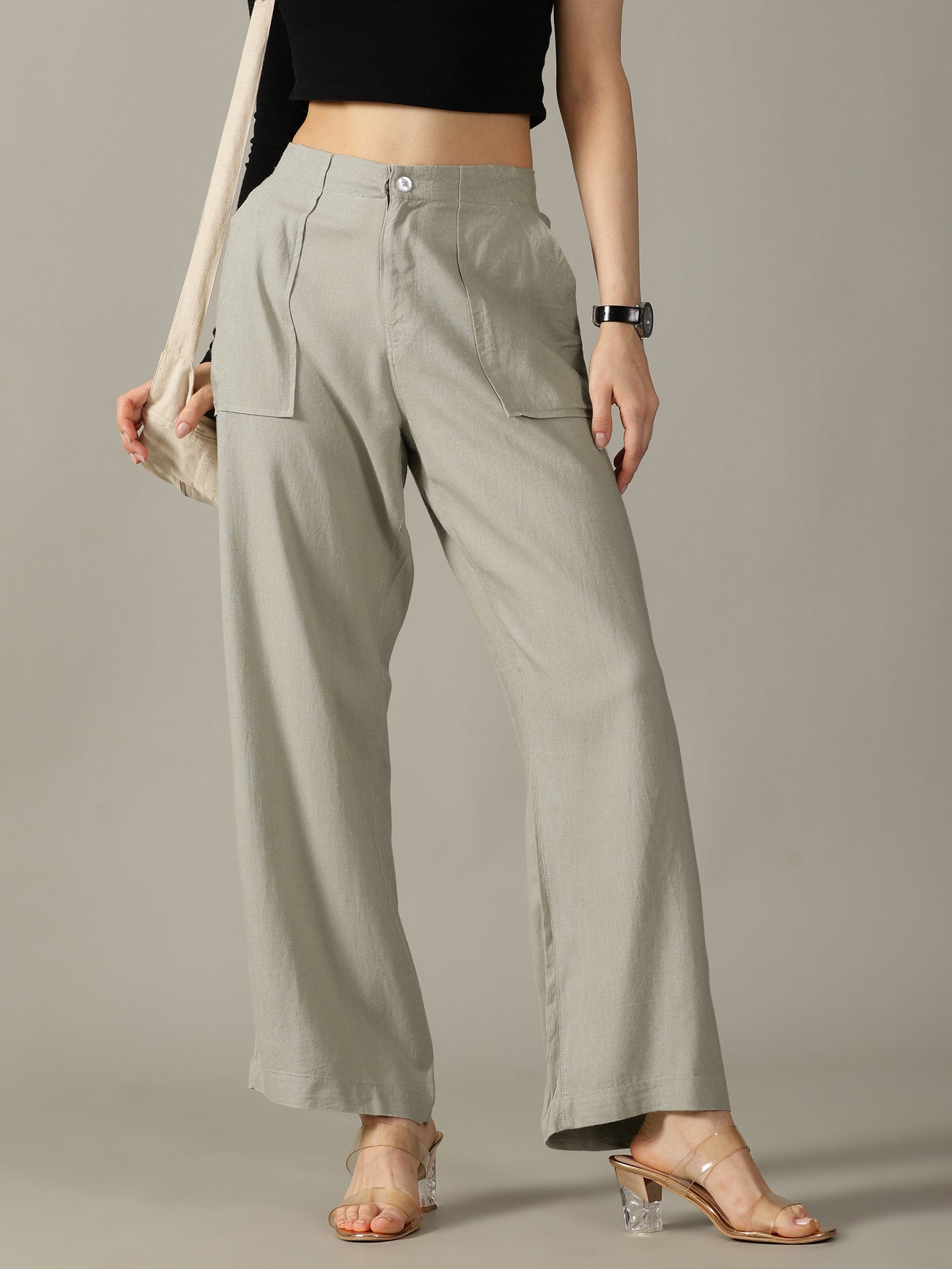 Tea Green Wide Leg Linen Trousers