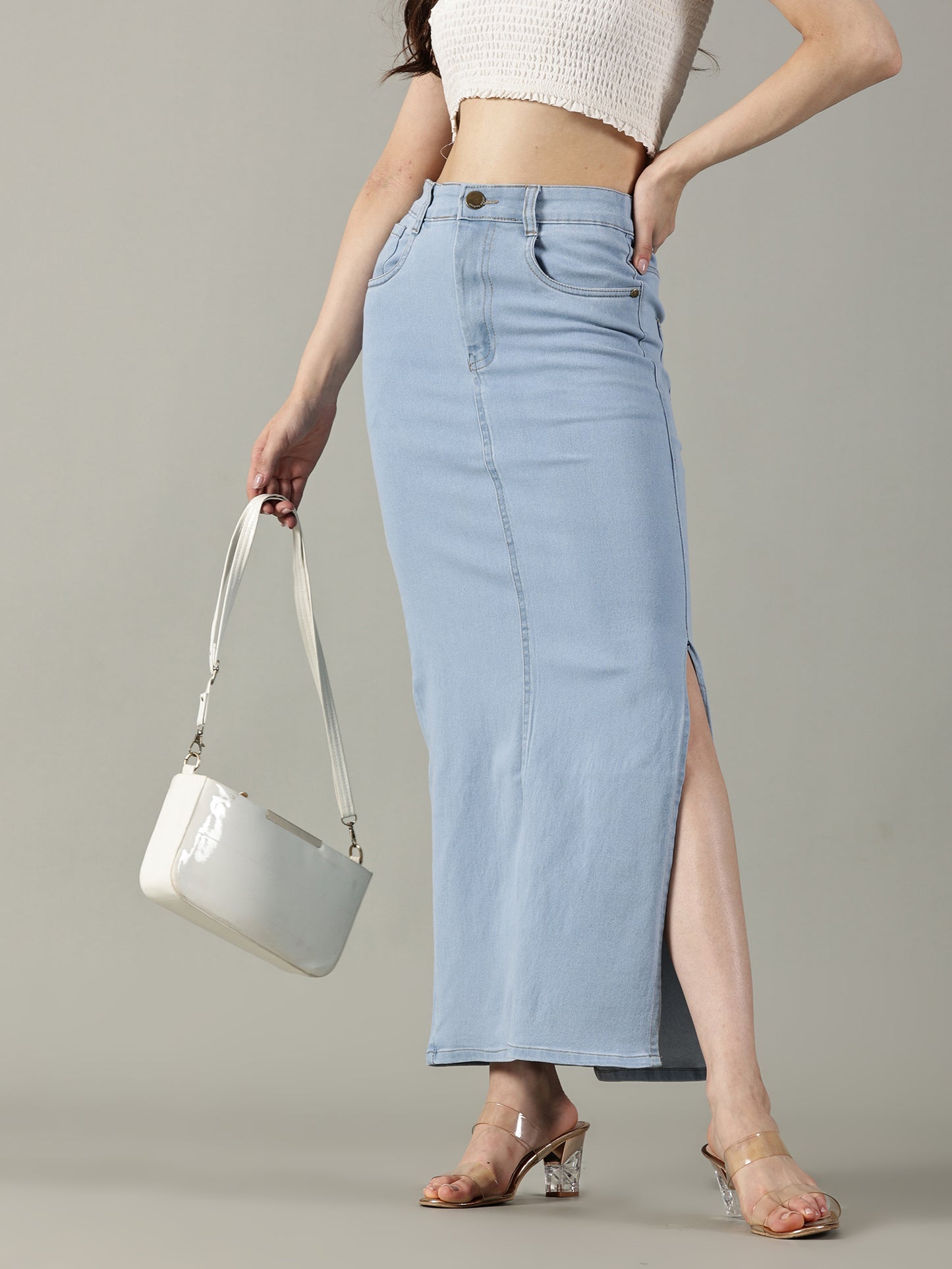 Sky Blue Denim Midi Skirt