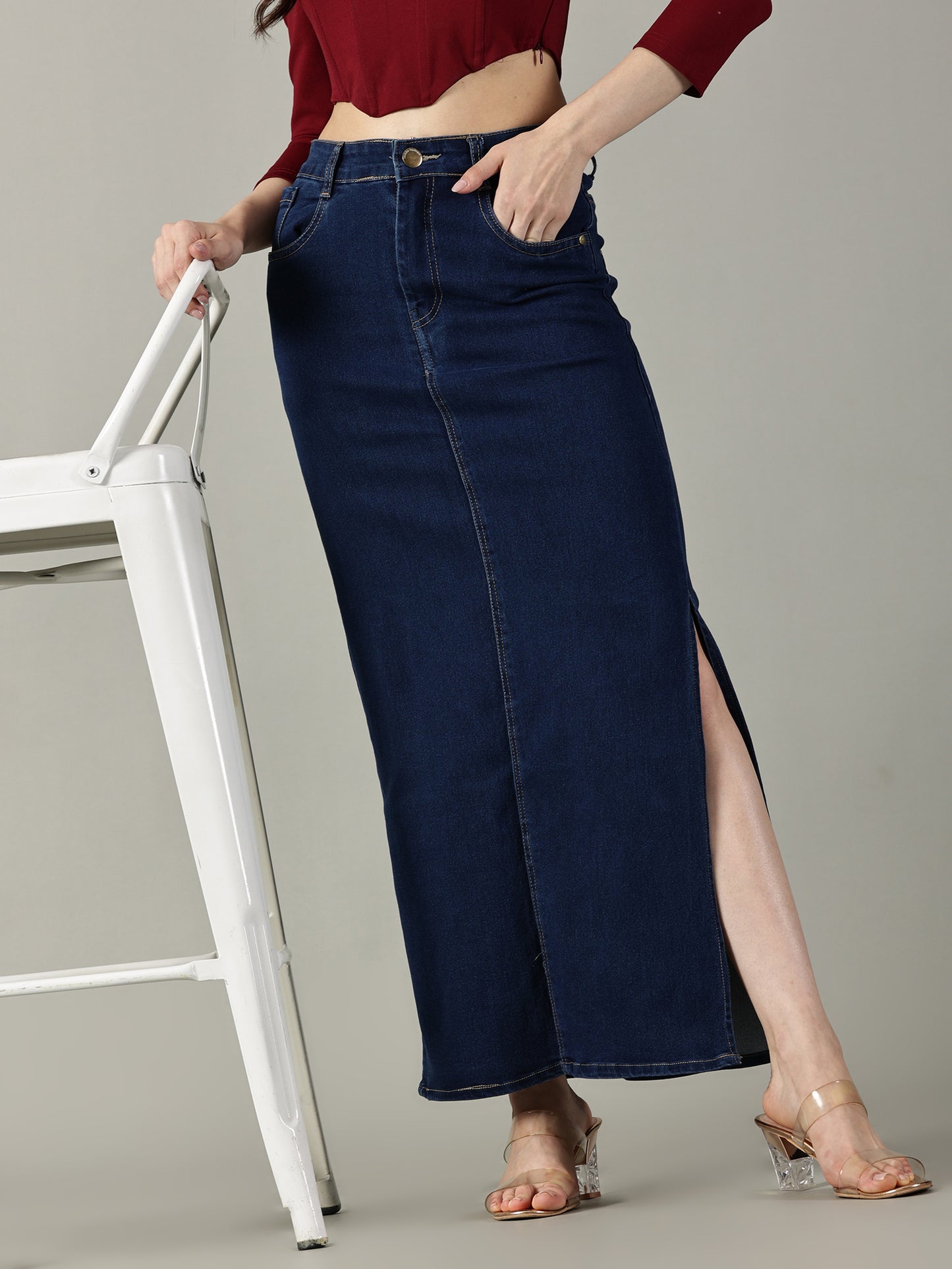 Navy Blue Denim Midi Skirt