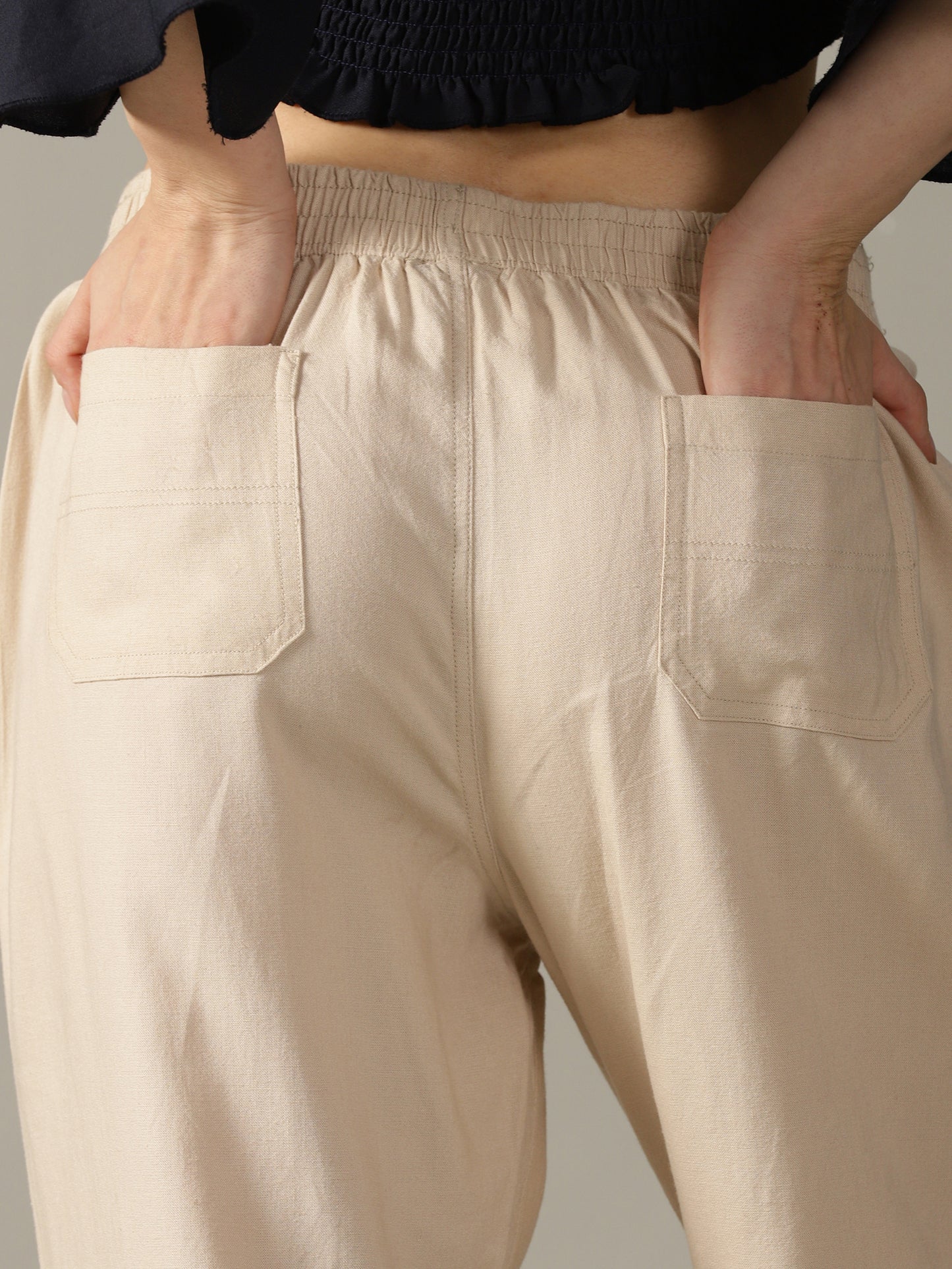Light Beige Wide Leg Linen Trousers